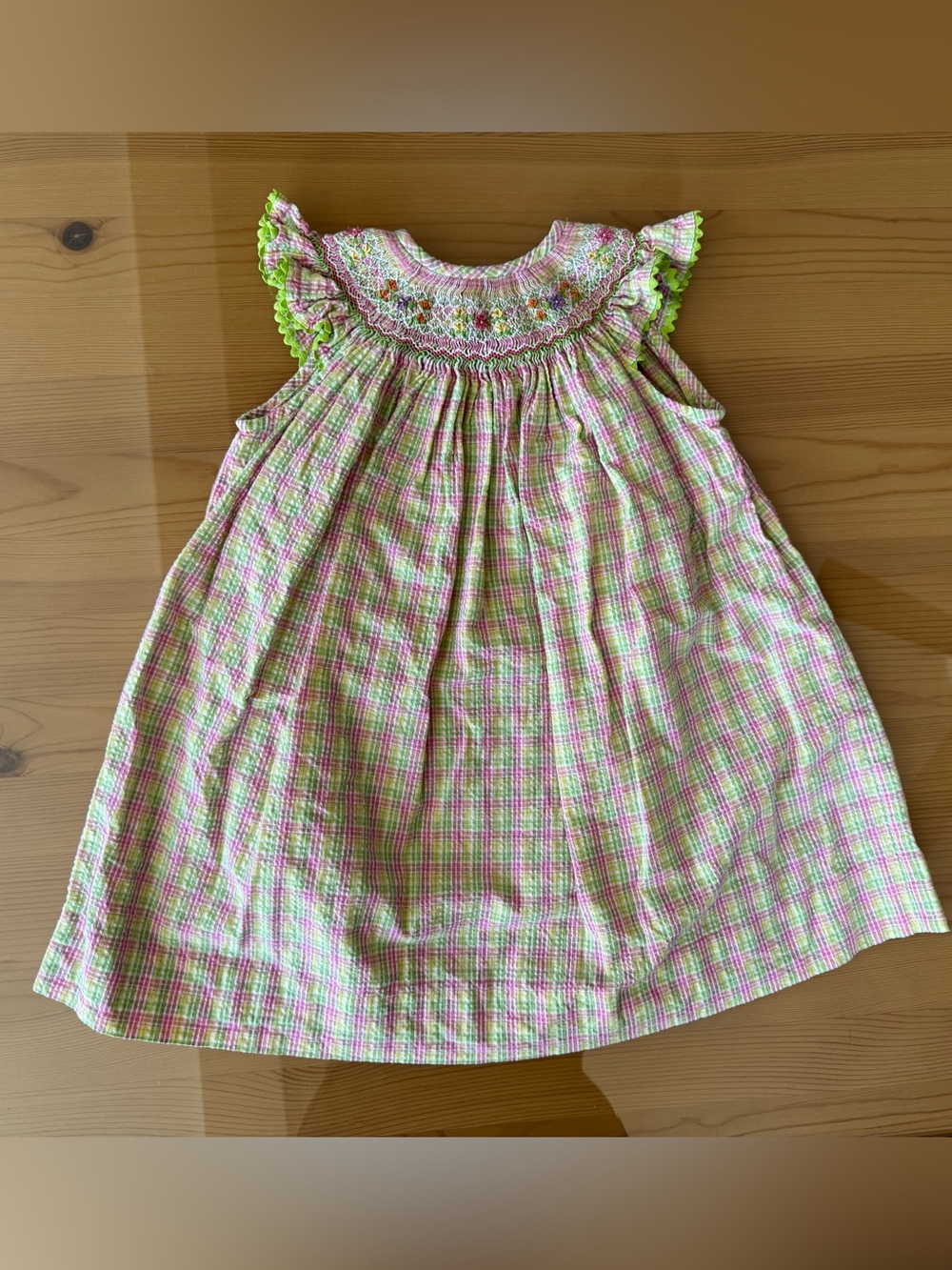 Vintage Plaid Smocked Dress with floral embroidery, Handmade in El Salvador, 18m